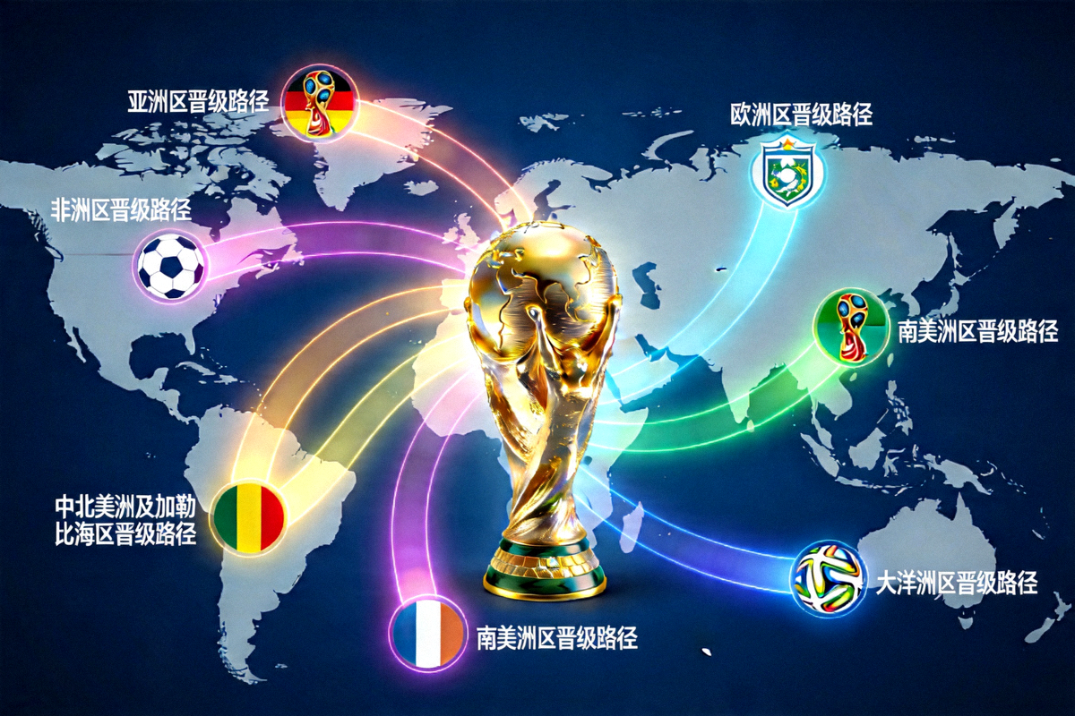 2026世界杯预选赛全球地图，各洲晋级路径以光带形式连接，中心为大力神杯