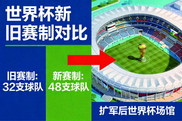 新旧赛制对比图表，箭头指向扩军后的世界杯场馆示意图