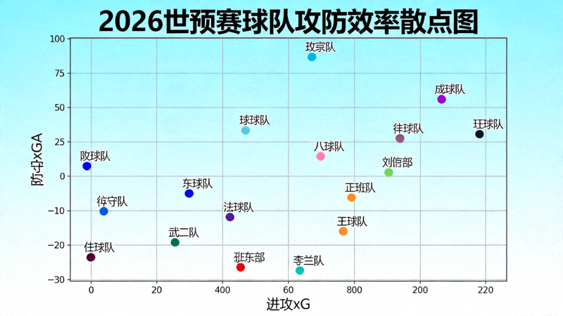 2026世预赛球队攻防效率散点图，横轴为进攻xG，纵轴为防守xGA，展示各队分布